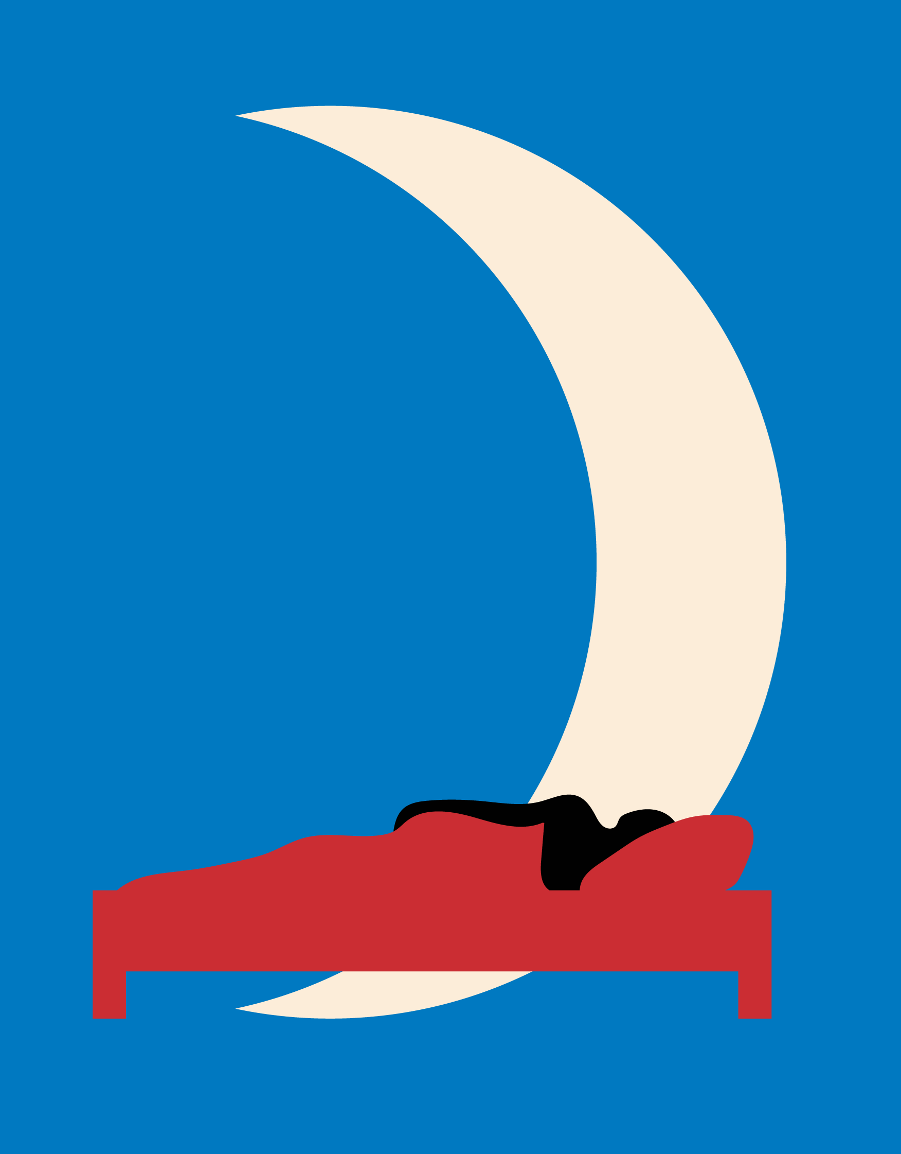 Grafisk billed af en måne og seng med blå baggrund til skoleophold på Nordjylland i Nørresundby nær Aalborg.